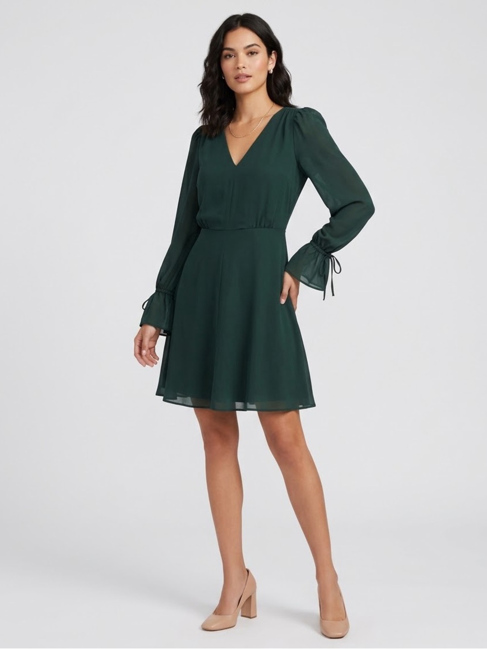 Dark Green Holiday Cocktail Dress w/ Sheer Bell Sleeves – Size 6